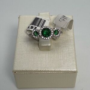 Sterling Silver Lab Emerald Engagement Ring 3-Stones, Size 6, New With Tags
